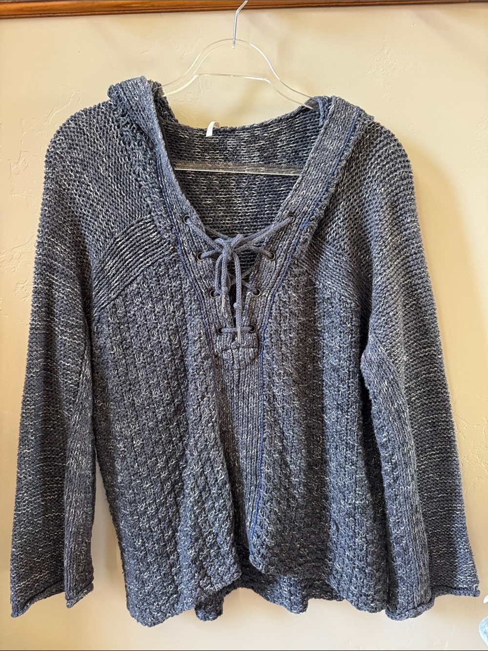Free People Charcoal Lace-Up Knit Hoodie Sweater